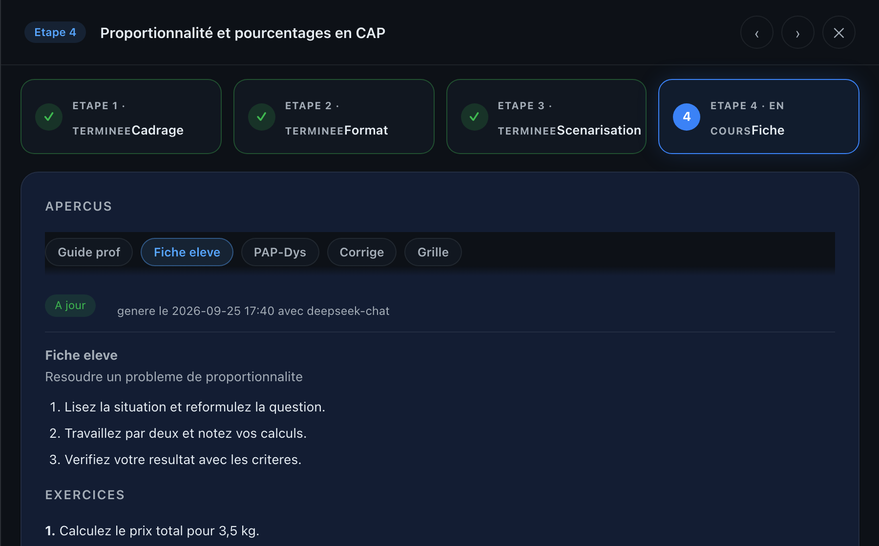 Atelier de sequence WAG : etape 4, onglets d'apercus, fiche eleve et exports